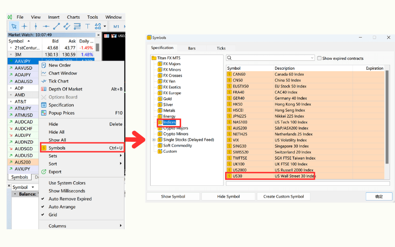 気配値表示にUS30を追加