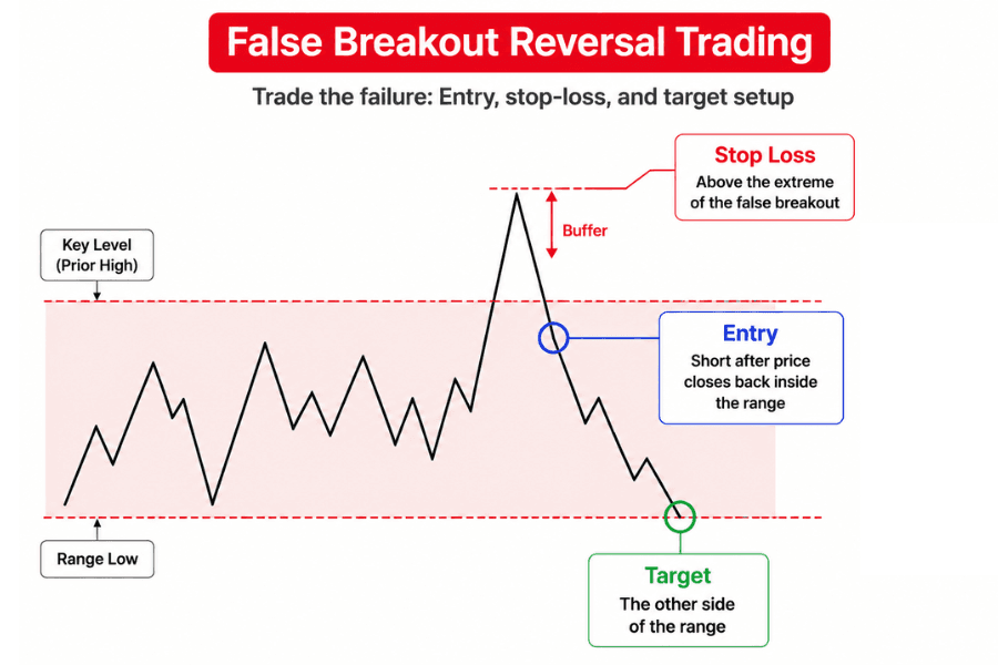 False breakout reversal trading diagram: how to set the entry, stop-loss and target after price falls back inside the range