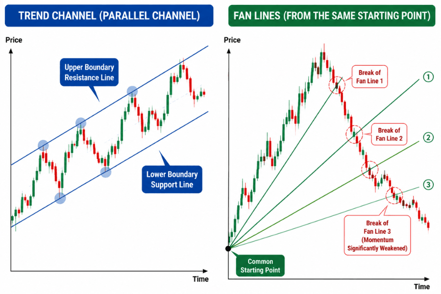 Trend channel and fan lines diagram: the upper and lower boundaries of a parallel channel, and three fan lines radiating from the same starting point