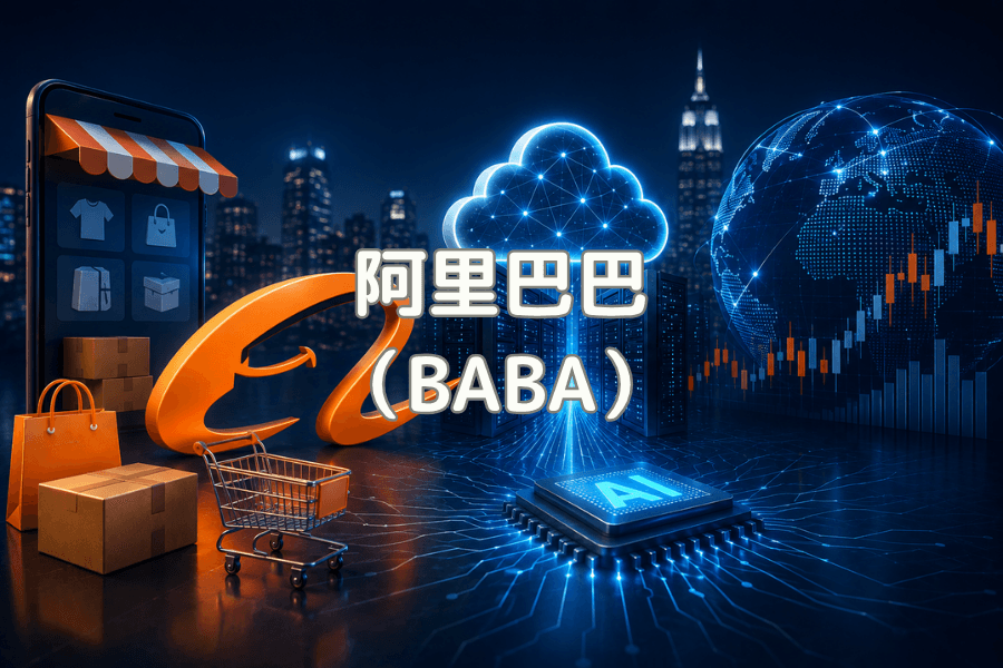 阿里巴巴(BABA)股票解析封面图,画面左侧是橘色的电商元素,包括手机商店介面、纸箱、购物袋与购物车,右侧是蓝色的 AI 与云端元素,包括发光的云朵图示、标示 AI 的晶片、数位地球与 K 线图,背景是夜晚的城市天际线