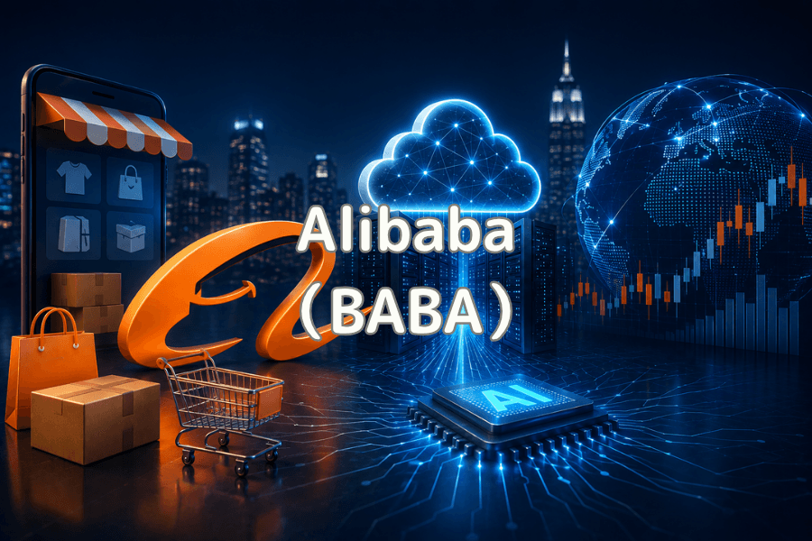Alibaba (BABA) stock explained cover image, with orange e-commerce elements on the left including a smartphone storefront, cardboard boxes, a shopping bag and a shopping cart, and blue AI and cloud elements on the right including a glowing cloud icon, a chip marked AI, a digital globe and a candlestick chart, against a night city skyline