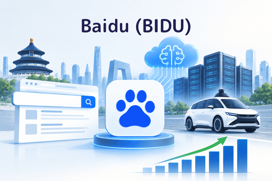 Cover image for the Baidu (BIDU) stock guide: a light-blue Beijing skyline with the Temple of Heaven, a search-page window on the left, a paw-print logo icon on a pedestal in the center, a glowing cloud with a brain and server buildings on the right, a driverless car, a rising bar chart at the bottom right, and the title Baidu (BIDU) at the top