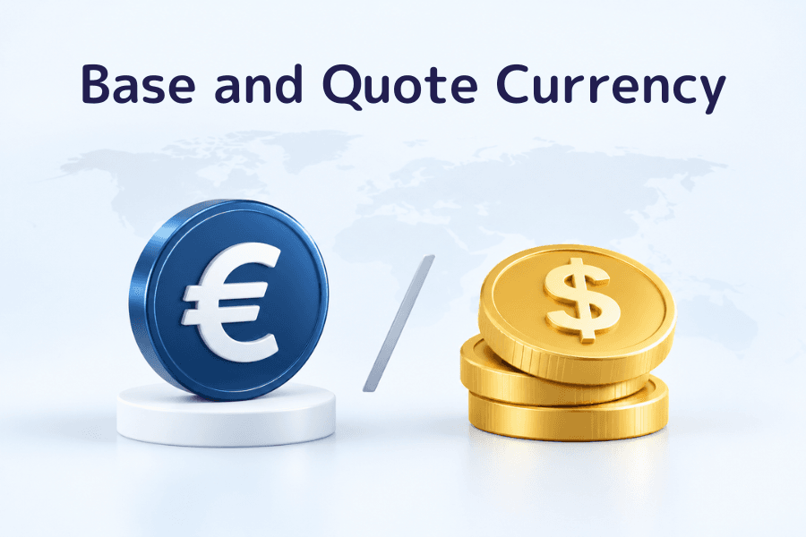 Cover image for Base and Quote Currency: a euro coin on a small pedestal on the left, a slash in the middle, and a stack of three dollar coins on the right. Forex trading guide