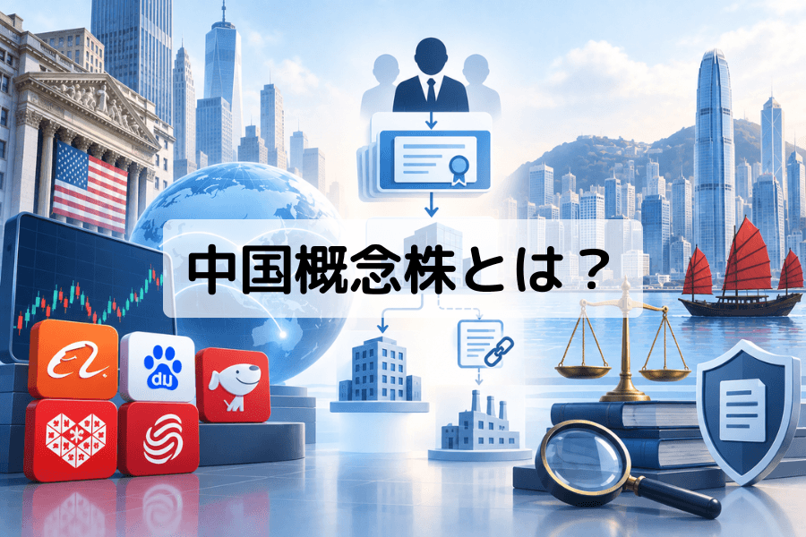 中国概念株とは？の表紙画像。左にニューヨーク証券取引所の建物と星条旗、株価チャート、アリババ・バイドゥ・JD.comなどのアプリアイコン、中央に投資家から証書、持株会社、契約、事業会社へと下りていく構造図、右に香港の高層ビルと帆船、天秤、盾のアイコン、中央に「中国概念株とは？」のタイトル