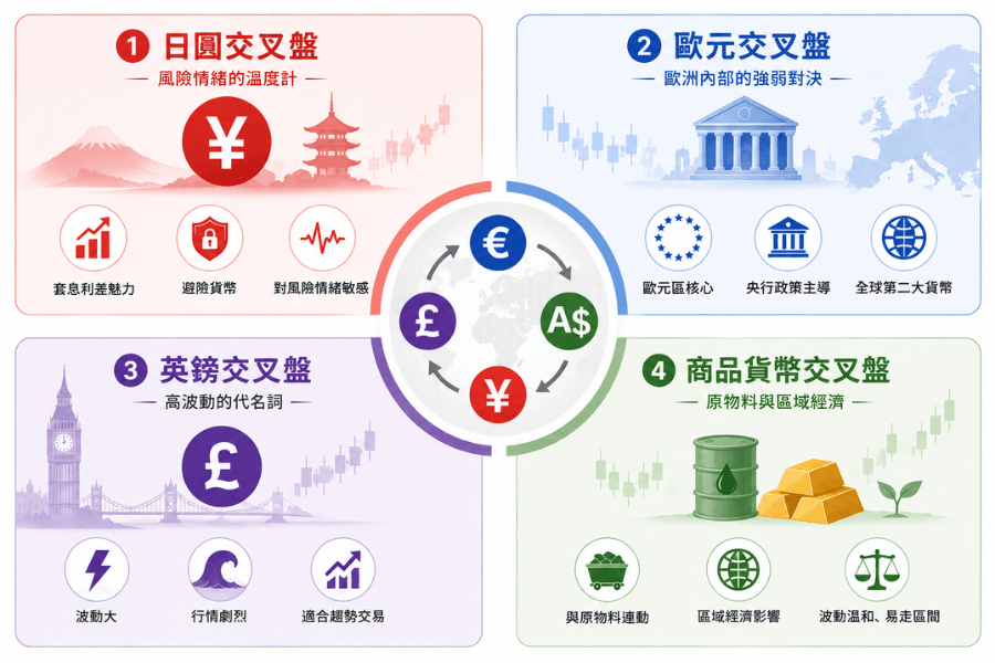 交叉貨幣對四大家族總覽:日圓交叉盤、歐元交叉盤、英鎊交叉盤、商品貨幣交叉盤的性格與特徵