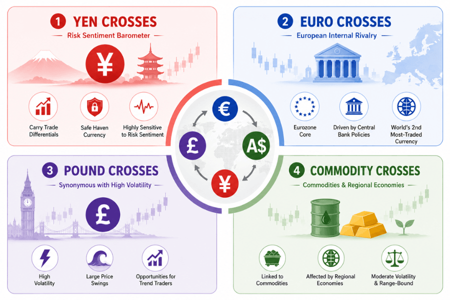 The four families of cross currency pairs: yen crosses, euro crosses, pound crosses, and commodity crosses at a glance