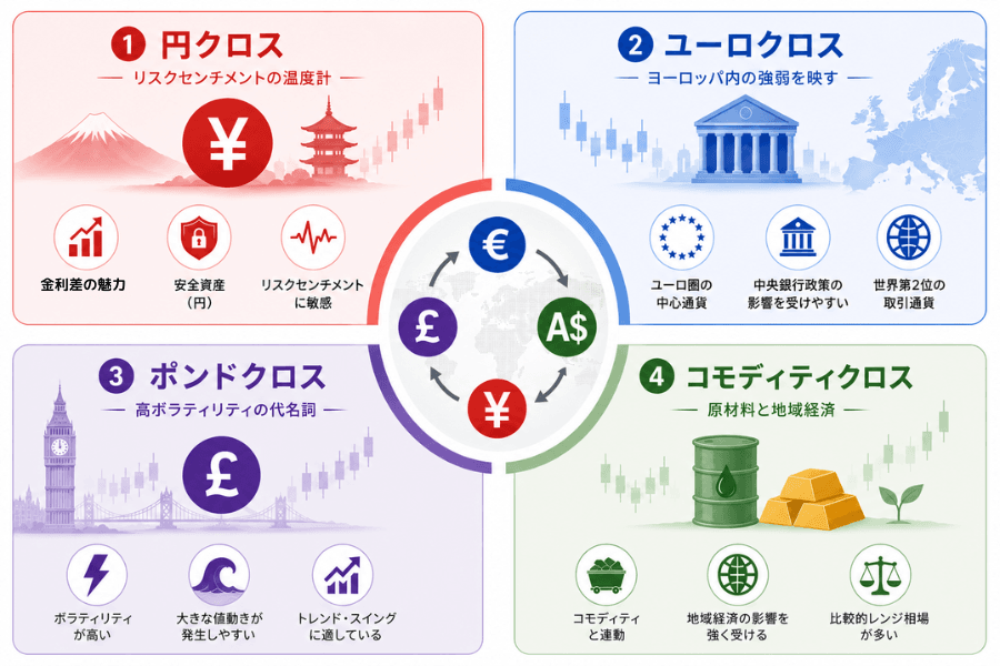 クロス通貨ペア4大ファミリーの全体像:円クロス・ユーロクロス・ポンドクロス・コモディティクロスの性格と特徴
