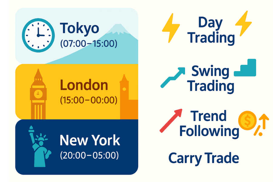 Forex trading strategies: day trading, swing trading, trend following, and carry trade