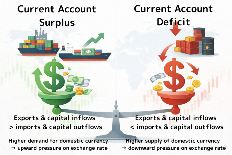 Current Account Surplus vs Deficit — FX impact illustration