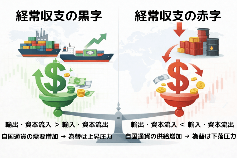 経常収支 黒字/赤字と為替影響の概念図