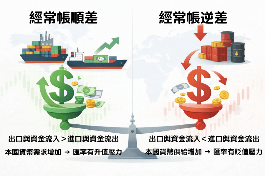 經常帳順差逆差-匯率影響示意圖