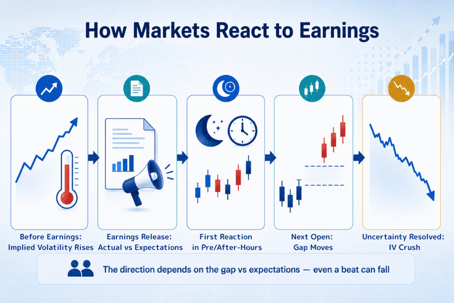 How markets react around earnings: implied volatility builds before the release, first reaction hits extended hours, the next open gaps, and IV crush follows