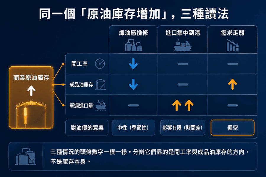 同一个原油库存增加的三种读法对照矩阵:左侧是共同起点商业原油库存上升,向右分成炼油厂检修、进口集中到港、需求走弱三栏,每栏在开工率、成品油库存、单周进口量三个指标上呈现不同的箭头方向,下方对应中性、影响有限、偏空三种判读