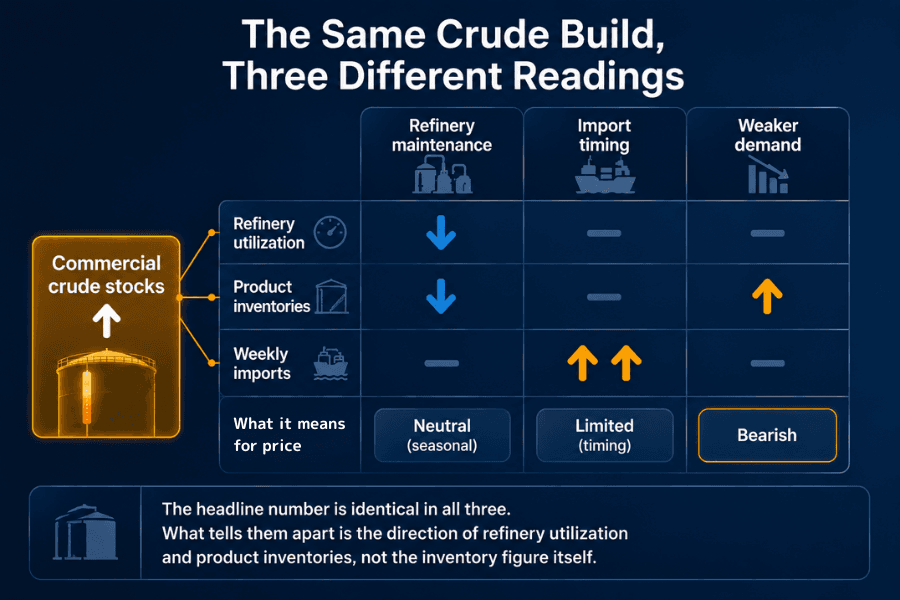 Diagnostic matrix showing three readings of the same crude oil inventory build: from a shared starting point of rising commercial crude stocks, three columns for refinery maintenance, import timing and weaker demand, each with a different combination of arrows across refinery utilization, product inventories and weekly imports, resolving to neutral, limited and bearish verdicts