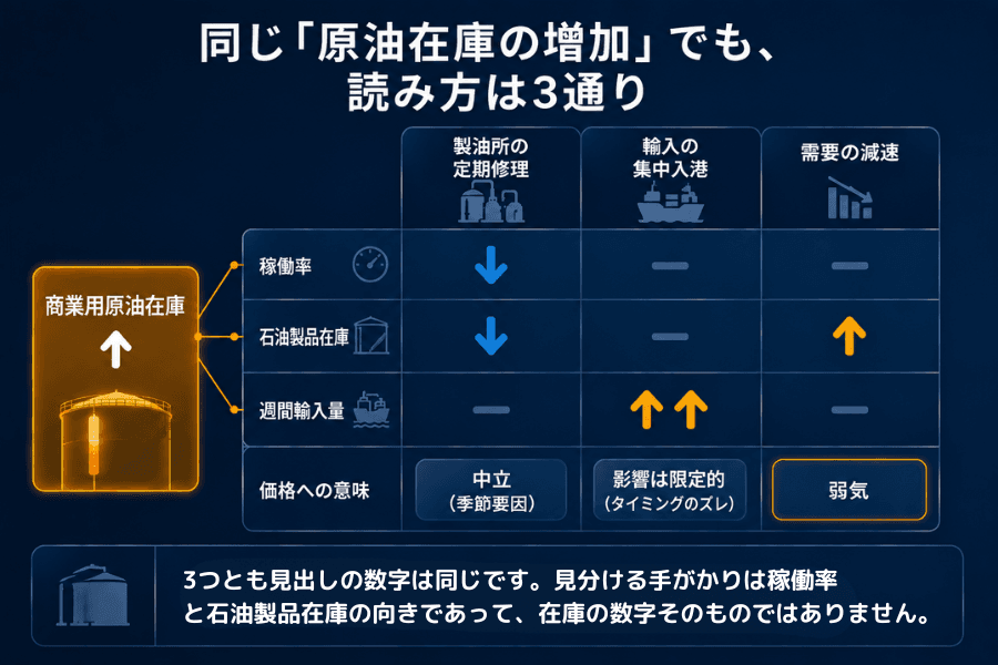 同じ原油在庫の増加を3通りに読み分ける対照表。共通の出発点である商業用原油在庫の増加から、製油所の定期修理・輸入のタイミング・需要の減速という3つの列に分かれ、それぞれ稼働率、石油製品在庫、週間輸入量の3指標で異なる矢印の組み合わせを示し、中立・影響は限定的・弱気という3つの判断につながる