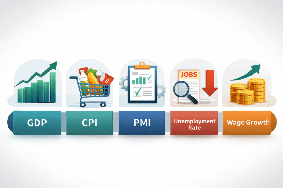 GDP、CPI、PMI、失業率與薪資成長五大經濟指標示意圖,用於判斷整體經濟狀況