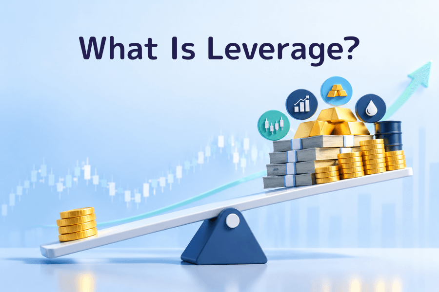 What is leverage? Cover image: a few gold coins on one end of a seesaw lift a large pile of money on the other, showing how a small margin controls a large position