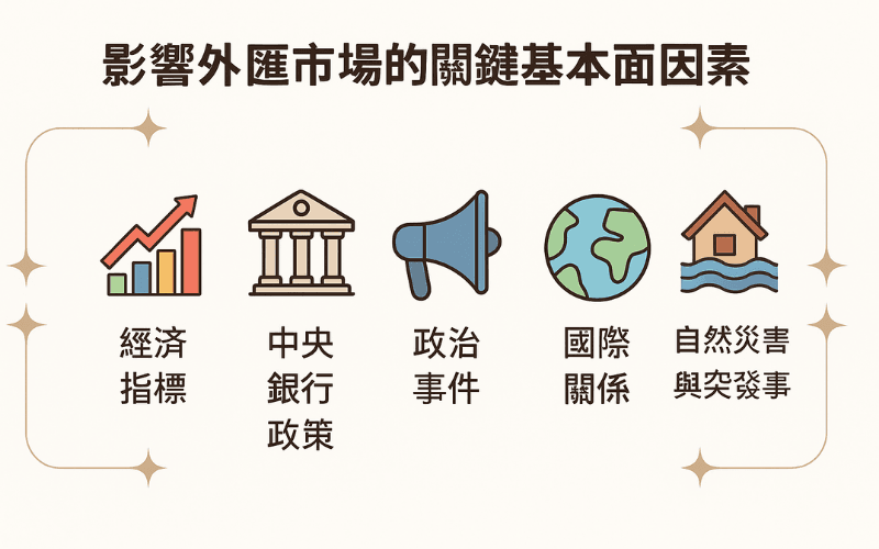 影响外汇市场的五大基本面因素图解,包括经济指标、中央银行政策、政治事件、国际关系及自然灾害与突发事件