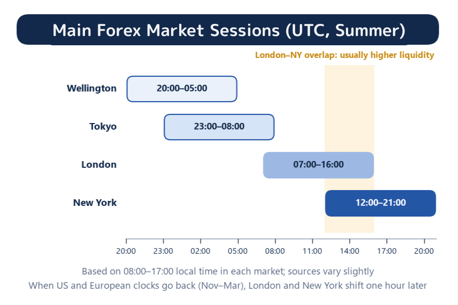 Main forex market sessions (UTC, summer) based on 08:00 to 17:00 local time in Wellington, Tokyo, London and New York, with London and New York overlapping from 12:00 to 16:00 UTC