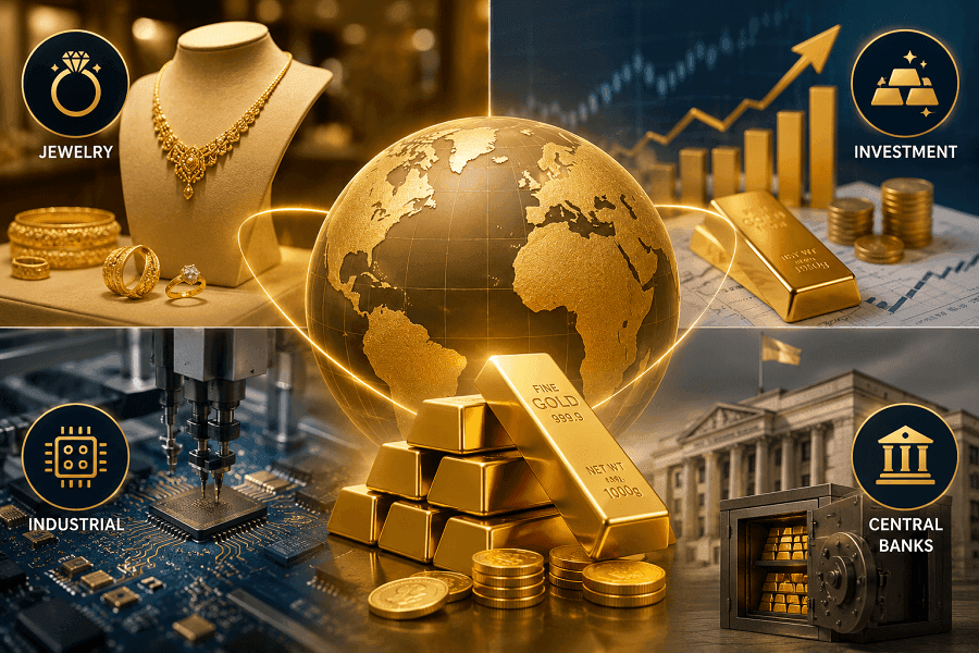 Gold Demand: jewelry, investment, industry, and central-bank reserves