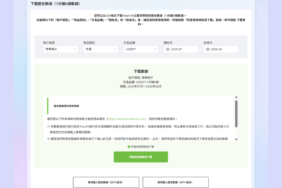 Titan FX 历史数据下载工具介面：选择账户类型与商品后可下载 1 分钟 K 线的 CSV 档