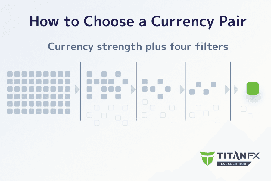 Cover image for how to choose a currency pair, showing a dense block of pale grey squares on the left that thins out as it passes four thin vertical gates, leaving a single green square at the right