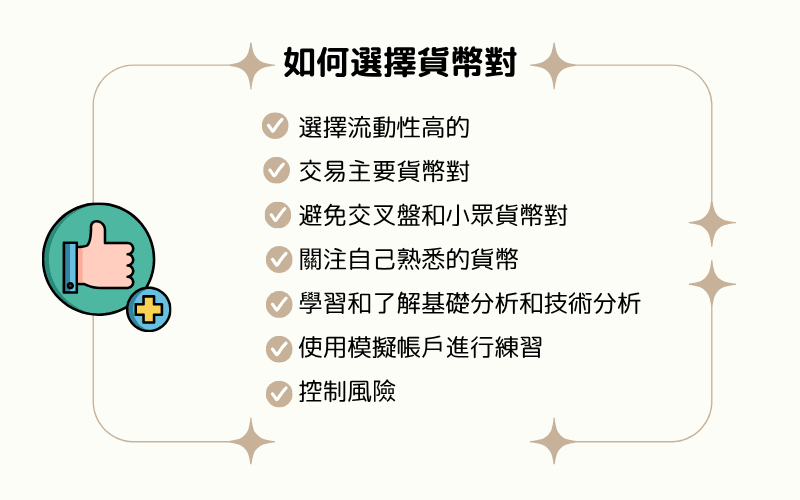新手选择货币对的建议列表，包括流动性、主要货币对、模拟帐户练习与风险控制 