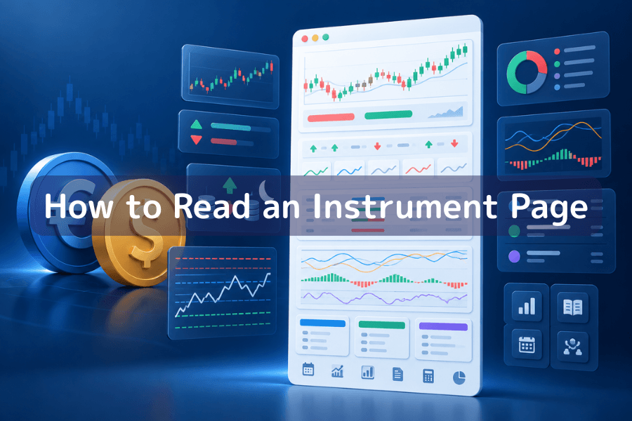 How to read an instrument page, cover image: a tall page shape divided into three zones, one bold warm-colored band at the top for the verdict, several thinner bands in the middle for the evidence and two at the bottom for costs, with a line down the right edge indicating scroll direction, investing column