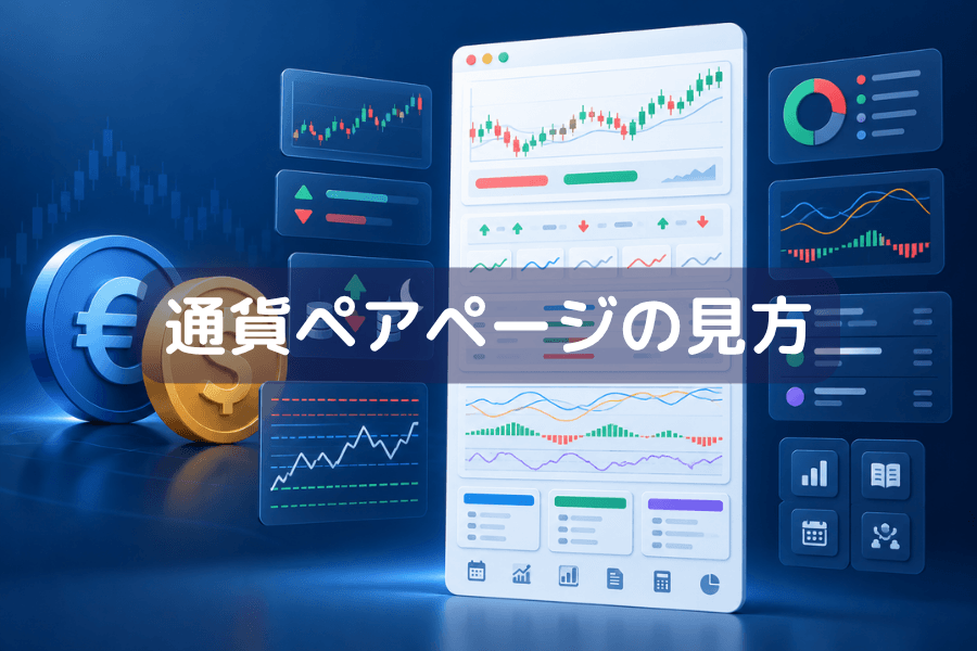 通貨ペアページの見方のカバー画像:縦長のページを模した図が3層に分かれ、最上部に結論を表す太い暖色の帯、中段に根拠を表す細い帯が数本、下部にコストを表す2本が並び、右側にスクロール方向を示す線がある、投資コラム