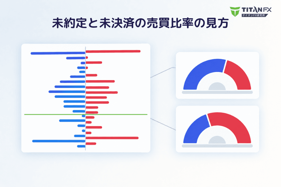 カバー画像:左側に左右対称のオーダー分布図。約20本の細い横バーが中央の価格軸から両側に伸び、左に向かうものは売りを表す青、右に向かうものは買いを表す赤で、中央やや下に現在値を示す緑の横線が引かれている。そこから2本の細い引き出し線が右側に並ぶ2つの半円形の売買比率図につながり、上の図は青い売り側が大きく仕切り線が右に傾き、下の図は赤い買い側が大きく仕切り線が左に傾いていて、2本の仕切り線が逆向きになっている