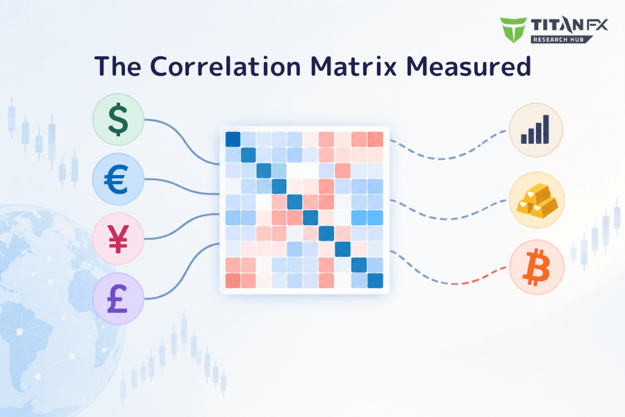 Cover image with a nine by nine correlation matrix of colored cells at the center, its diagonal in deep blue and the remaining cells ranging from deep blue through pale blue and near-white to pale and deep red. To the right, five cells lifted out of the grid in three groups: the top three deep blue with green outlines, the middle one split blue on the left and red on the right, the bottom one near-white with a dashed outline