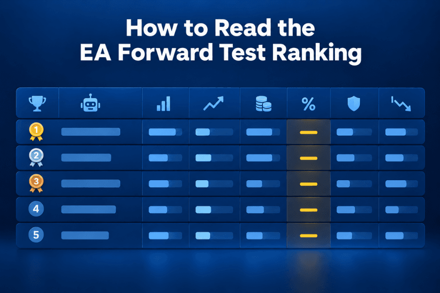 How to read the EA Forward Test Ranking, cover image: a ranking table illustration in which one narrow column shows a dash in a warm accent color while the other columns hold values, investing column