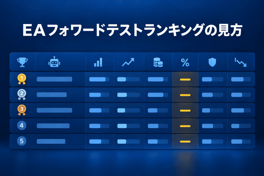EAフォワードテストランキングの見方 カバー画像：ランキング表のイラストで、1つの列だけダッシュ記号が暖色で示され、ほかの列は数値になっている、投資コラム