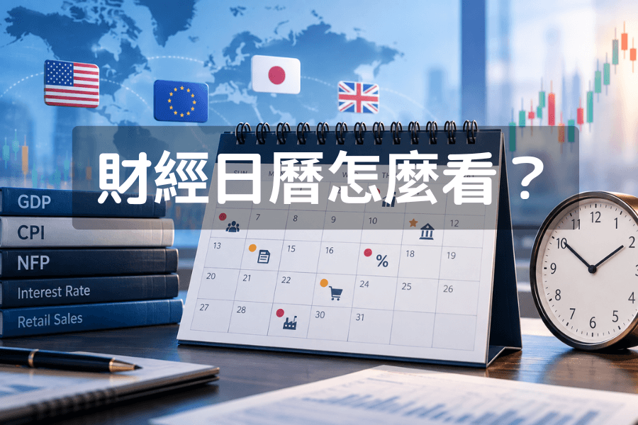财经日历怎么看封面图,米白底色上是一块绿色黑板,中央的橘色圆角标签写着财经日历,下方一行白字列出筛选设定、栏位解读、公布后反应与常见误读,黑板左下角有粉笔画的日历图示,右侧是一位手持教鞭的老师插画
