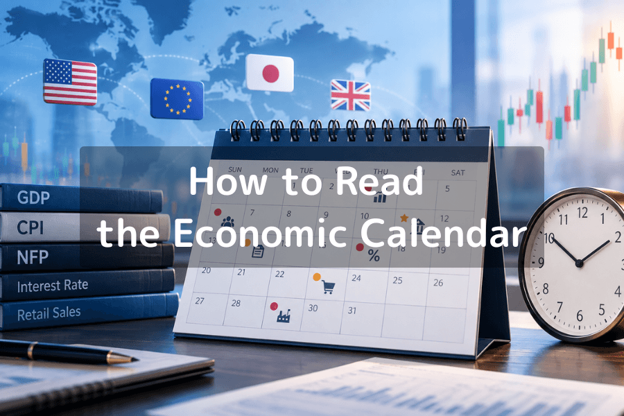 Cover image for how to read the economic calendar, showing a soft mint-to-sky-blue-to-lavender gradient with a white calendar card on the left and, past a green vertical release line, a run of candlesticks that widen sharply after the release and then settle