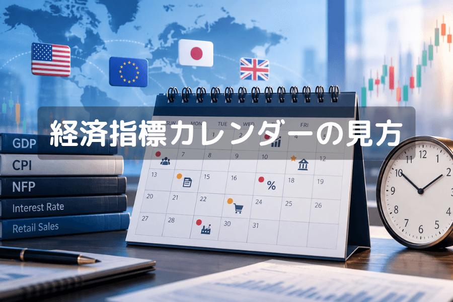 経済指標カレンダーの見方のカバー画像。淡いミントからスカイブルー、ラベンダーへと変化する背景に、左側にはカレンダーを模した白いカード、そこから伸びる緑の縦線を境に、右側のローソク足が発表後に大きく振れていく様子が描かれている