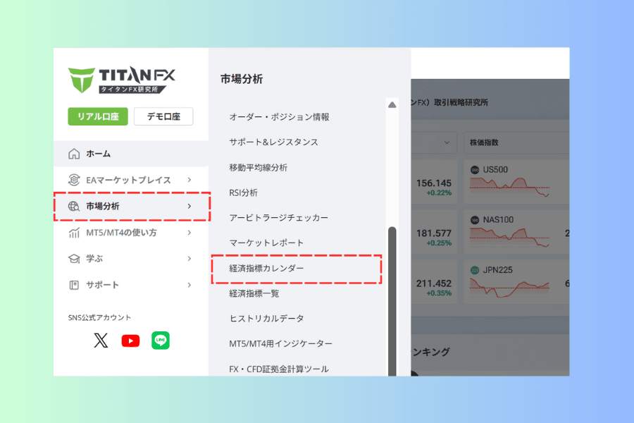 Titan FX 研究所サイトのメインメニューを開いた画面。市場分析のカテゴリに各ツールが並び、その中の経済指標カレンダーが赤枠で示されている