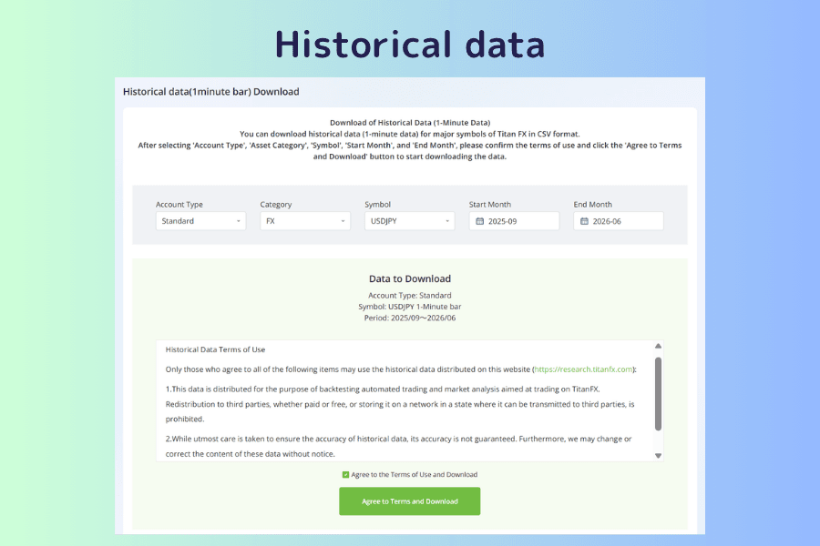 Full view of the historical data download page, with the account type, asset category, symbol and start and end month selectors across the top, a summary line of the current selection in the middle, and the terms of use with the download button below