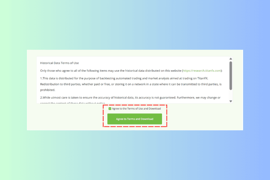 The lower part of the historical data page, showing the terms of use, the agreement checkbox and the Agree to Terms and Download button