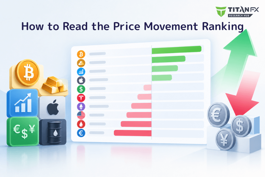 Cover image: a ranking card sits in the center, each row carrying a round asset-class icon on the left and a horizontal bar running out from a central axis on the right, the top four in green for gains and the lower six in red for losses. Three-dimensional icons for Bitcoin, gold bars, equities, crude oil and currency symbols are stacked to the left of the card, and a green rising arrow crosses a red falling arrow on the right