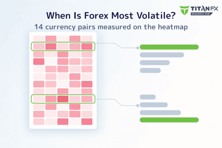 Cover image with a pink-scaled volatility heatmap grid on the left, two of its rows outlined in green. A line runs from each outlined row to a bar group on the right: the upper group has four horizontal bars ordered longest to shortest with the top one in green, the lower group has the same four lengths in reverse order with the bottom one in green