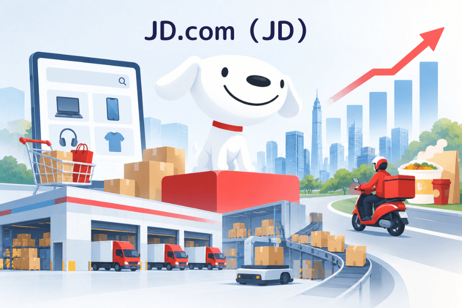 京東（JD）股票解析封面圖，左側是購物 App 的畫面與購物車，中央的紅色基座上是白色的小狗吉祥物，右側是配送騎手與外送餐點，下方是有配送卡車、分揀線與小型無人配送車的物流倉庫，右上角是上升的箭頭，上方是「JD.com（JD）」標題