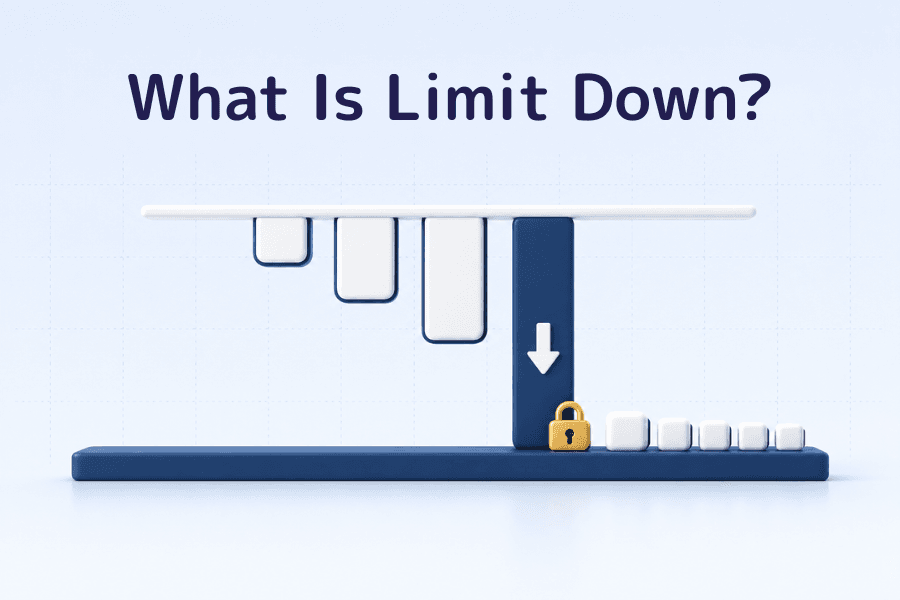 Cover image for What Is Limit Down? Four 3D bars hang from a top rail and get longer to the right; the longest, navy bar rests on a navy floor beam, with a gold padlock and a row of small white cubes waiting in a queue on the beam. Glossary series