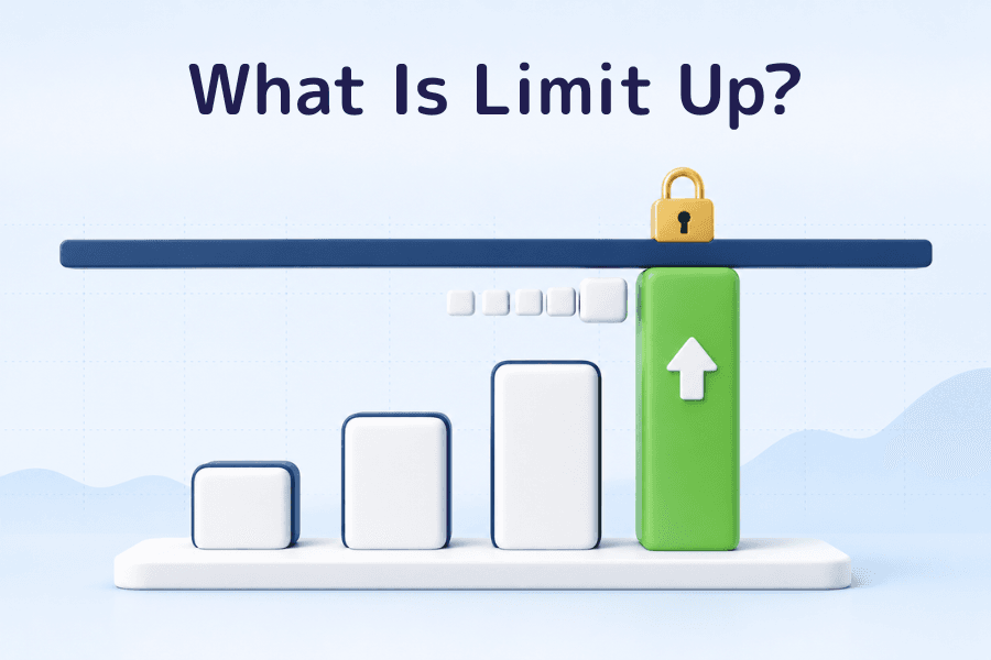 Cover image for What Is Limit Up? Four 3D bars rise from left to right; the tallest, green bar is pressed against a navy ceiling beam with a gold padlock on top, and a row of small white cubes waits in a queue under the beam. Glossary series