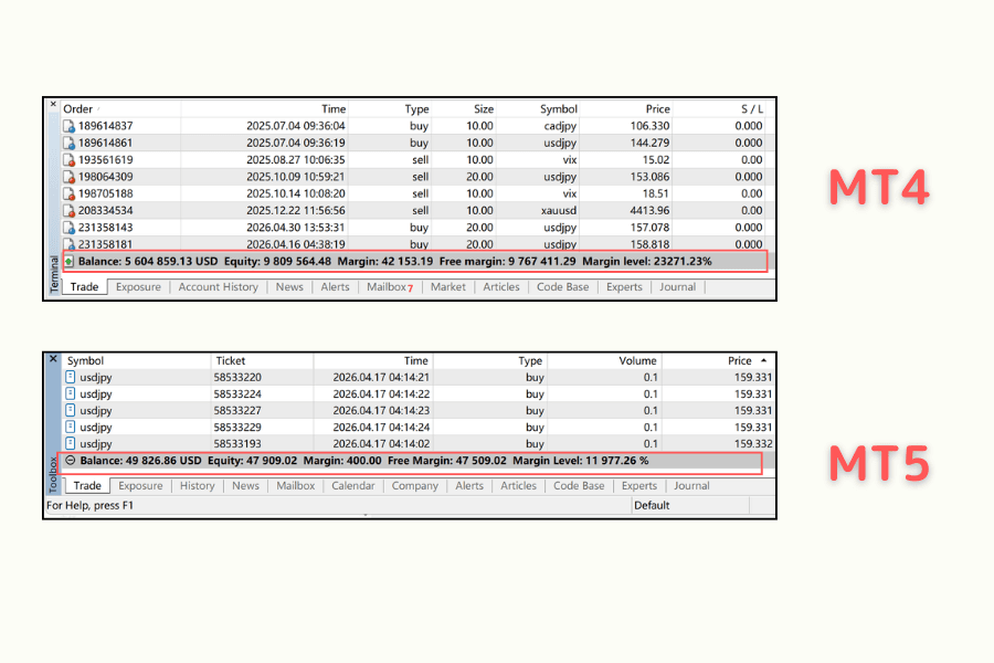 MT4 and MT5 margin field labels compared