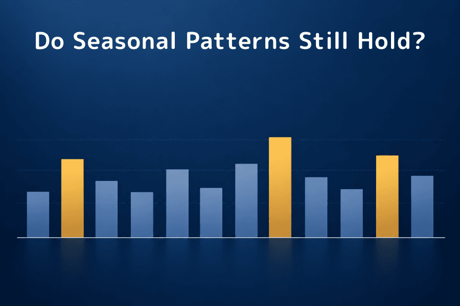 Do seasonal patterns still hold? Cover image: twelve vertical bars of slightly different heights in a row representing the months of a year, three of them picked out in a warm accent color, investing column