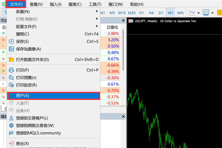 MetaTrader5平台-文件选单-开户功能画面