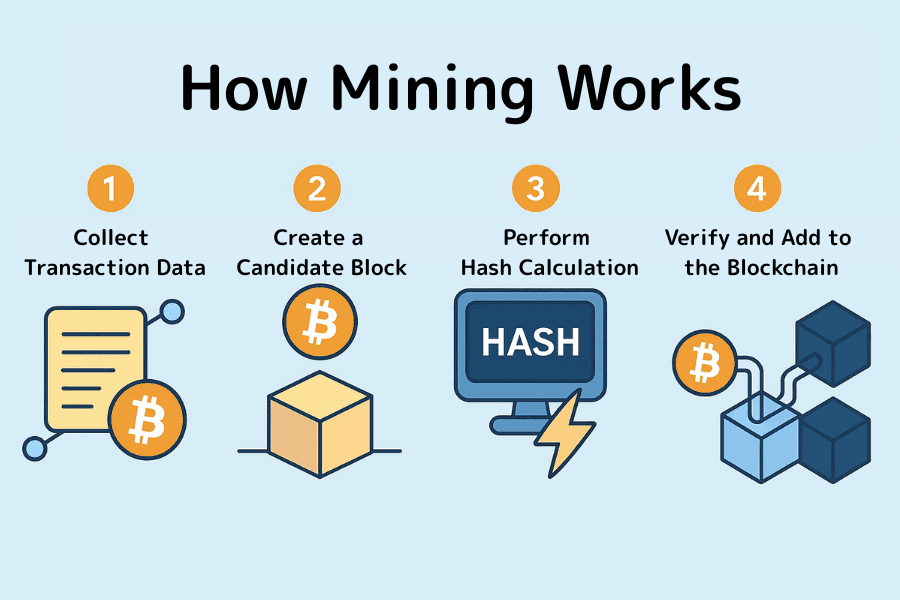 How mining works: the four main steps of crypto mining — collecting transaction data, building a candidate block, performing hash calculation, and verification and adding to the blockchain