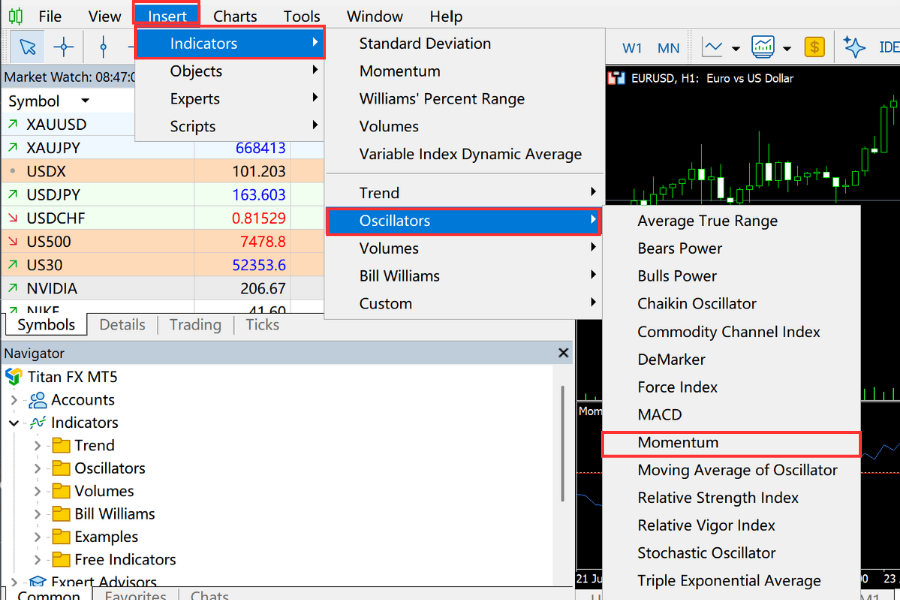 Screenshot of the MT5 menu path to insert Momentum: Insert, Indicators, Oscillators, Momentum