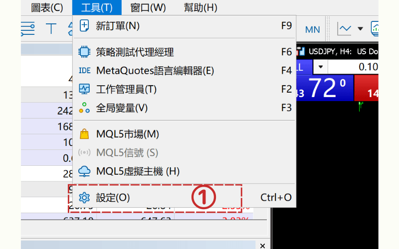 MT5平台下单设定选单：透过工具选单开启新订单与设定功能